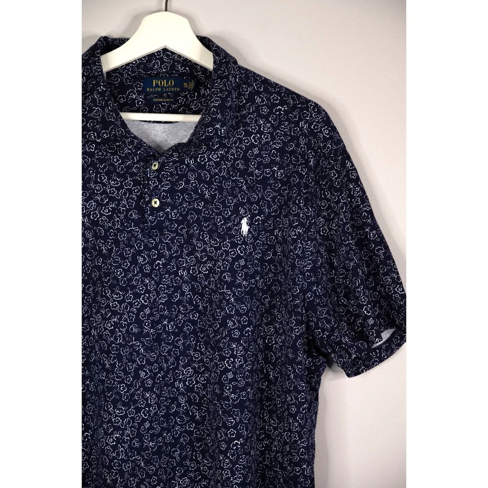 Polo Ralph Lauren Polo Shirt Mens XXL Navy Blue Excellent Floral Custom Slim Fit